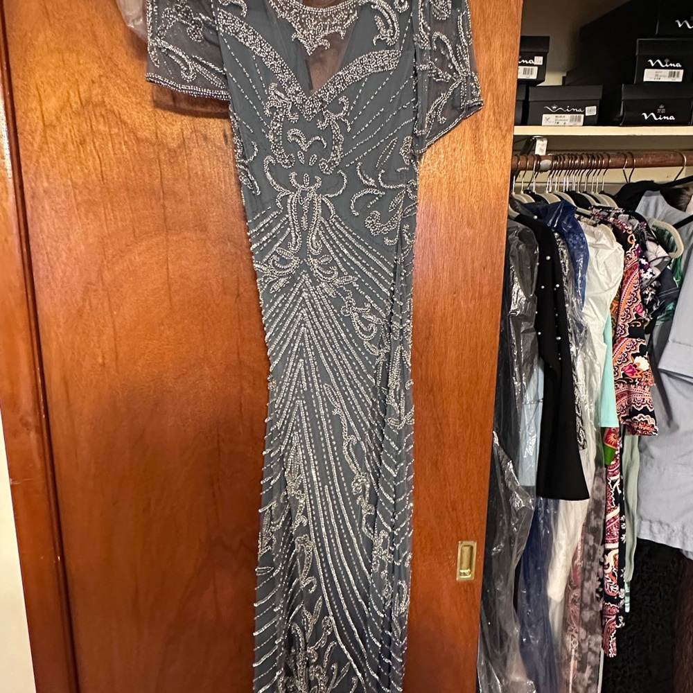 Pisarro Nights Slate Gray Beaded Maxi Dress